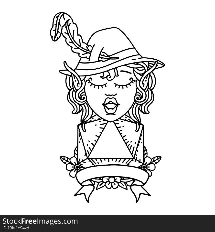 Black and White Tattoo linework Style elf bard with natural twenty dice roll. Black and White Tattoo linework Style elf bard with natural twenty dice roll