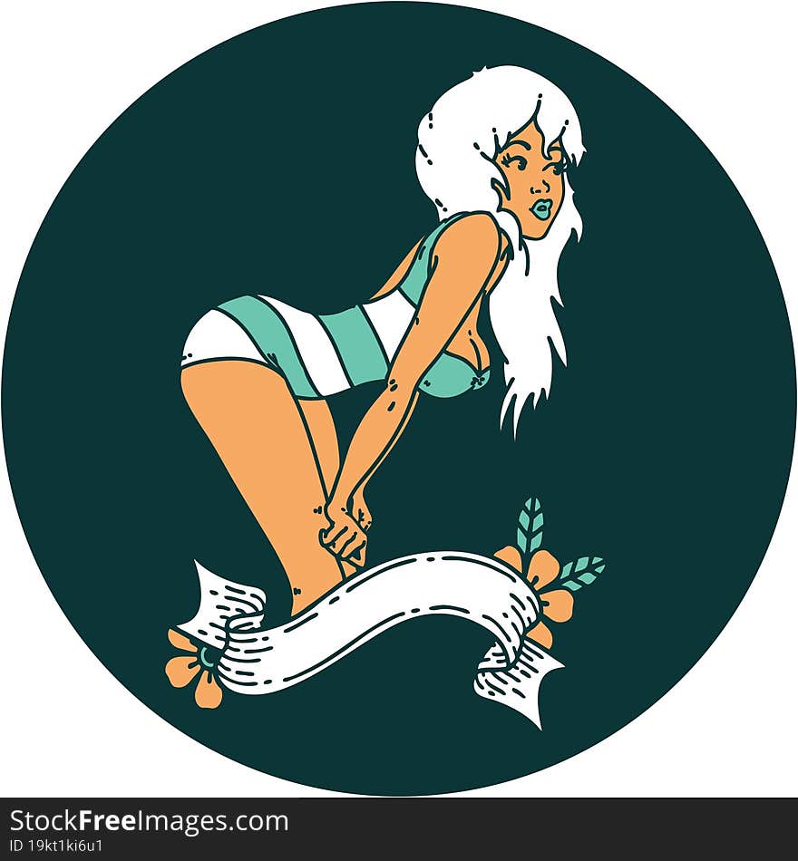 tattoo style icon of a pinup girl in swimming costume with banner