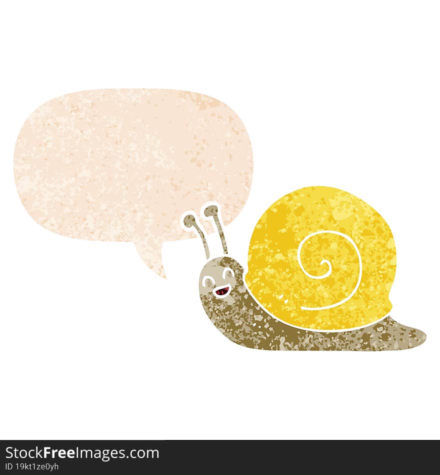 cartoon snail and speech bubble in retro textured style