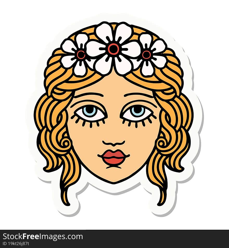 tattoo style sticker of female face with crown of flowers