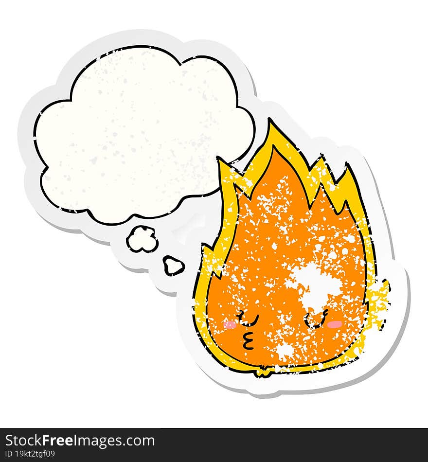 cute cartoon fire and thought bubble as a distressed worn sticker