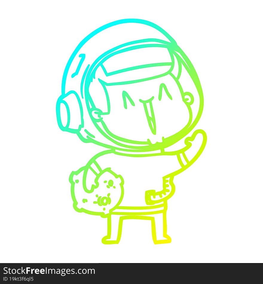 Cold Gradient Line Drawing Happy Cartoon Astronaut With Moon Rock