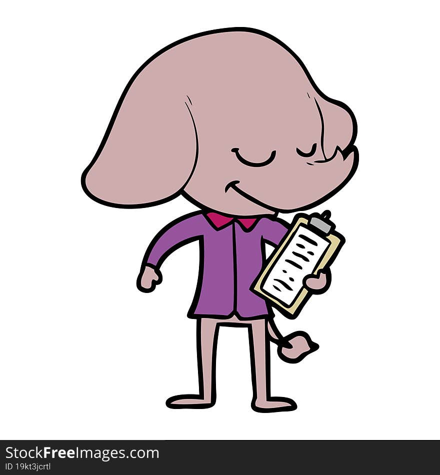 cartoon smiling elephant with clipboard. cartoon smiling elephant with clipboard