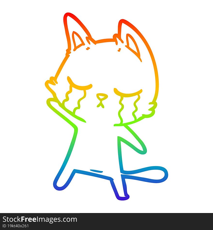 rainbow gradient line drawing of a crying cartoon cat