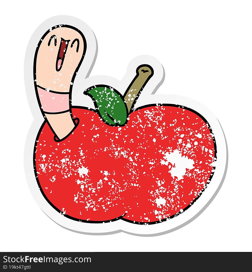 distressed sticker of a cartoon worm in apple