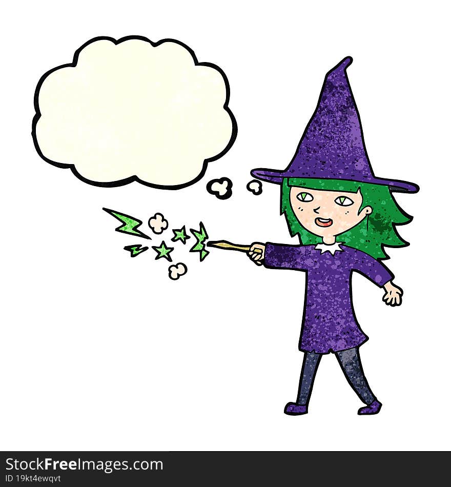 cartoon witch girl casting spell with thought bubble