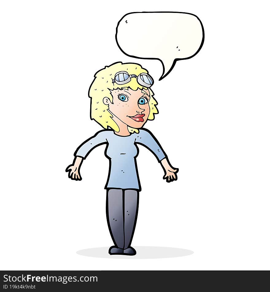 cartoon woman wearing goggles with speech bubble