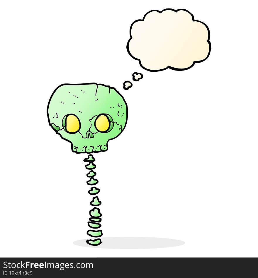 cartoon spooky skull and spine with thought bubble