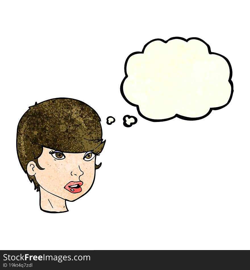 cartoon pretty female face with thought bubble