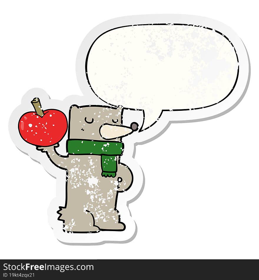 cartoon bear and apple and speech bubble distressed sticker