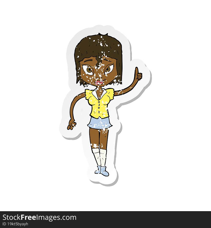 retro distressed sticker of a cartoon woman making point