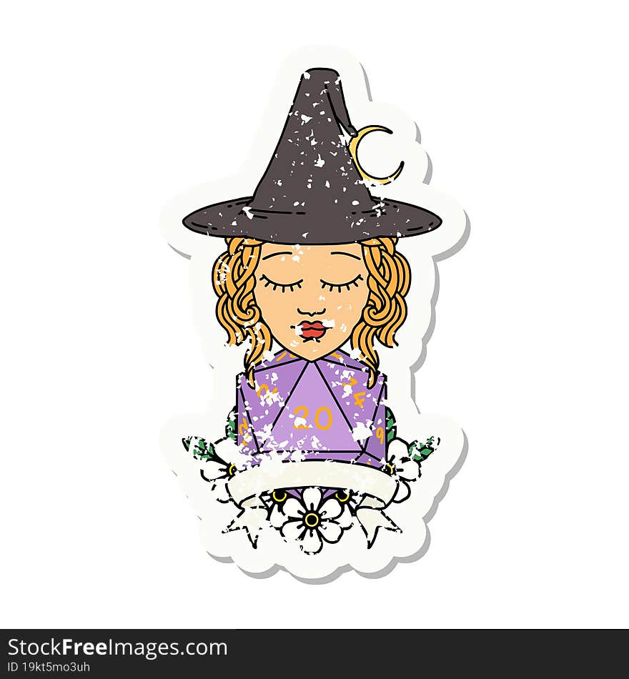 Retro Tattoo Style human witch with natural twenty dice roll. Retro Tattoo Style human witch with natural twenty dice roll