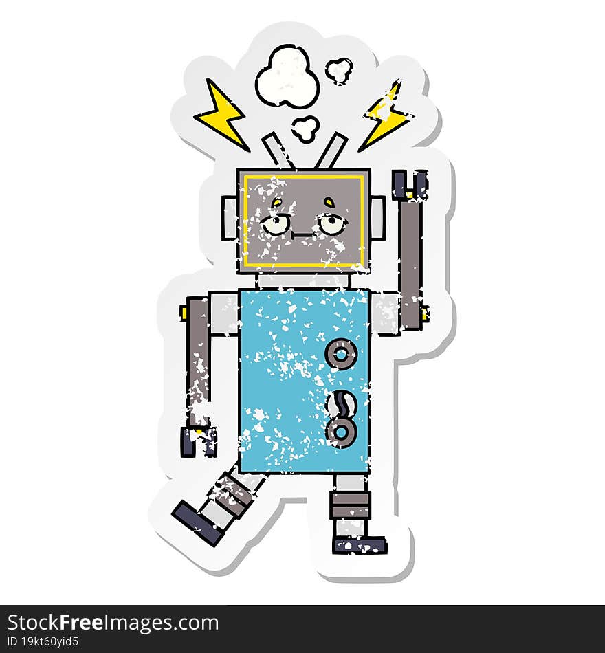 Distressed Sticker Of A Cute Cartoon Malfunctioning Robot