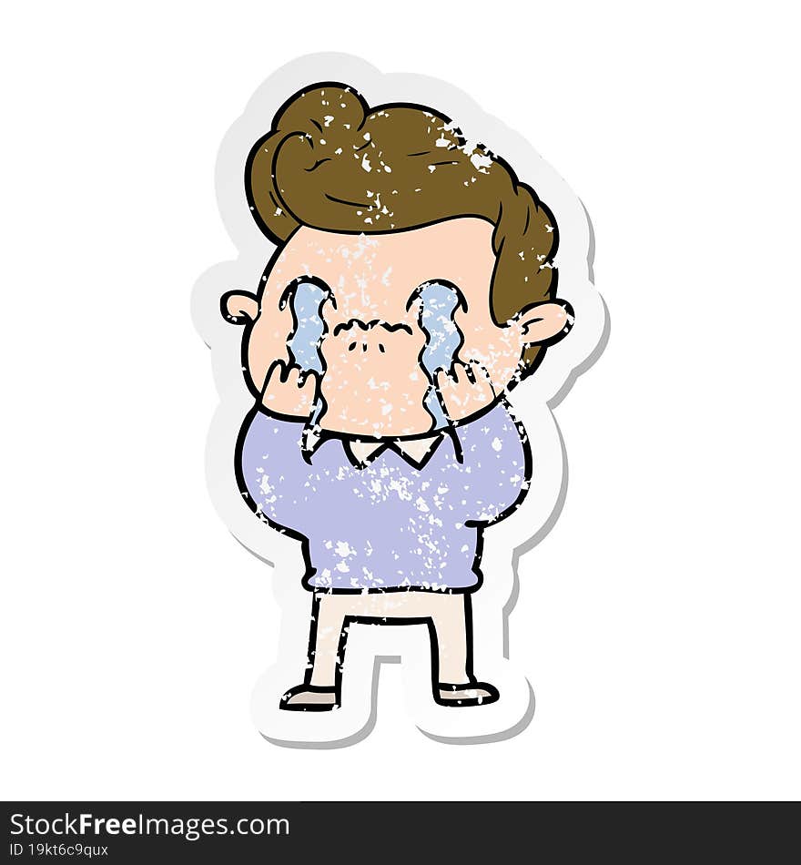 distressed sticker of a cartoon man crying