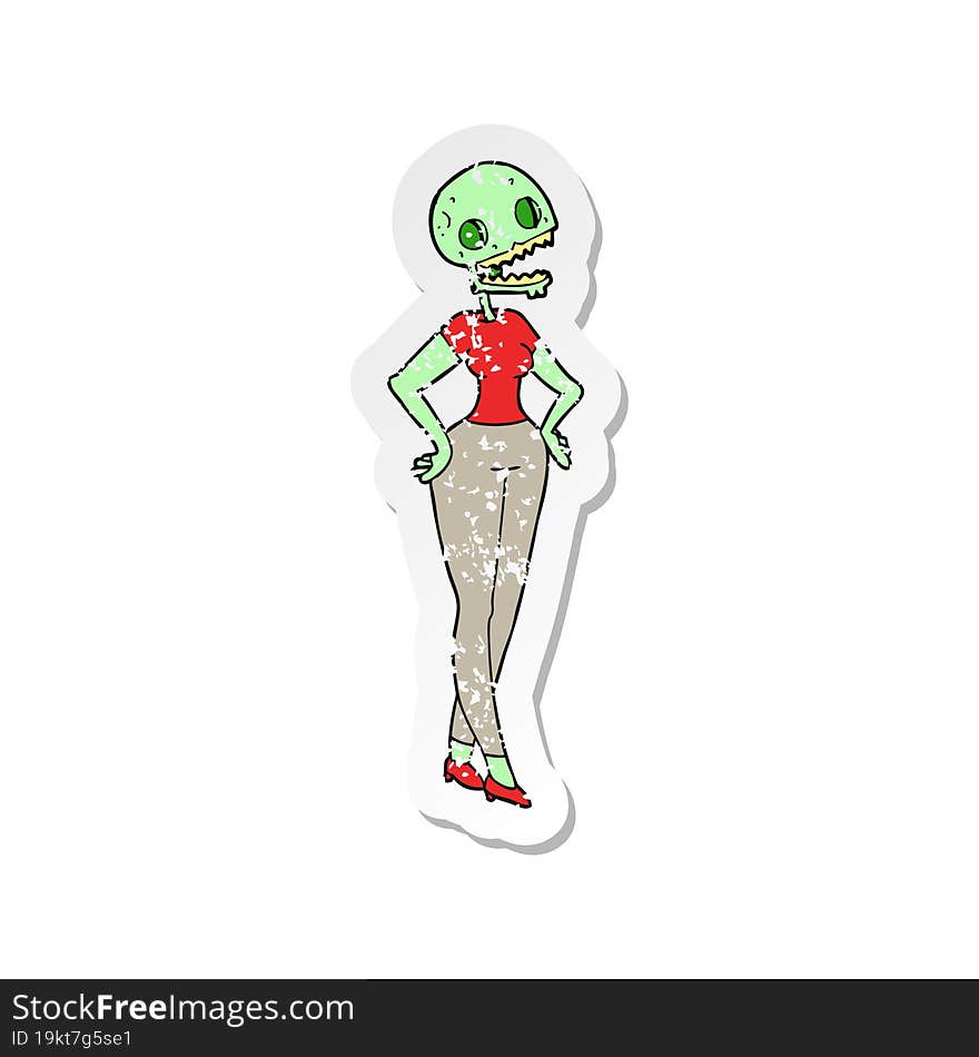 retro distressed sticker of a cartoon zombie woman