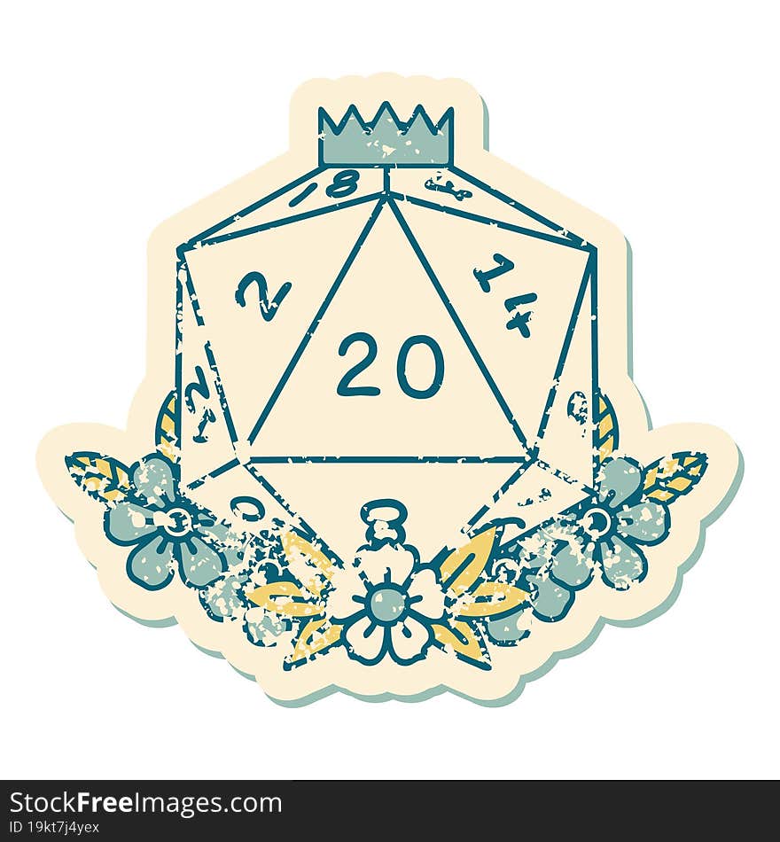 iconic distressed sticker tattoo style image of a d20. iconic distressed sticker tattoo style image of a d20