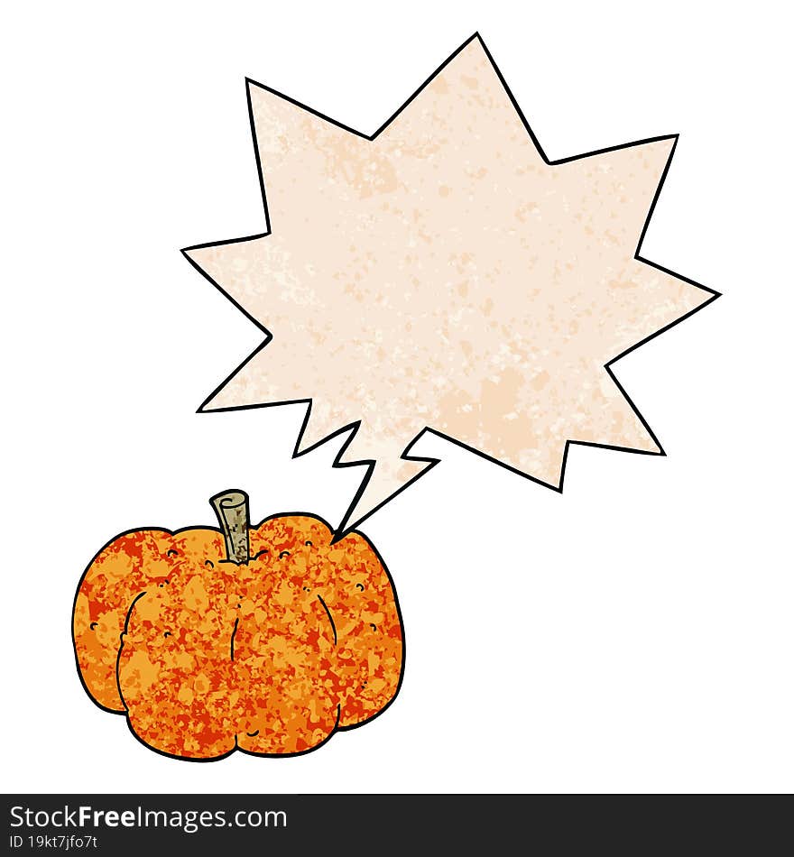 cartoon pumpkin and speech bubble in retro texture style