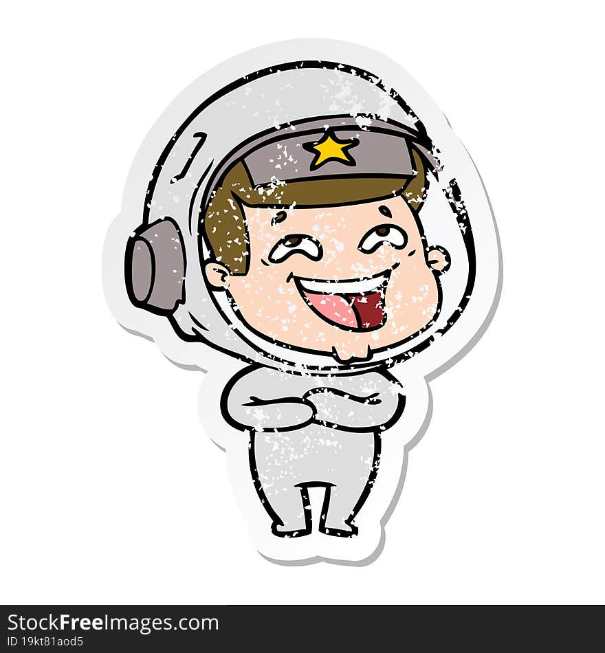 distressed sticker of a cartoon laughing astronaut