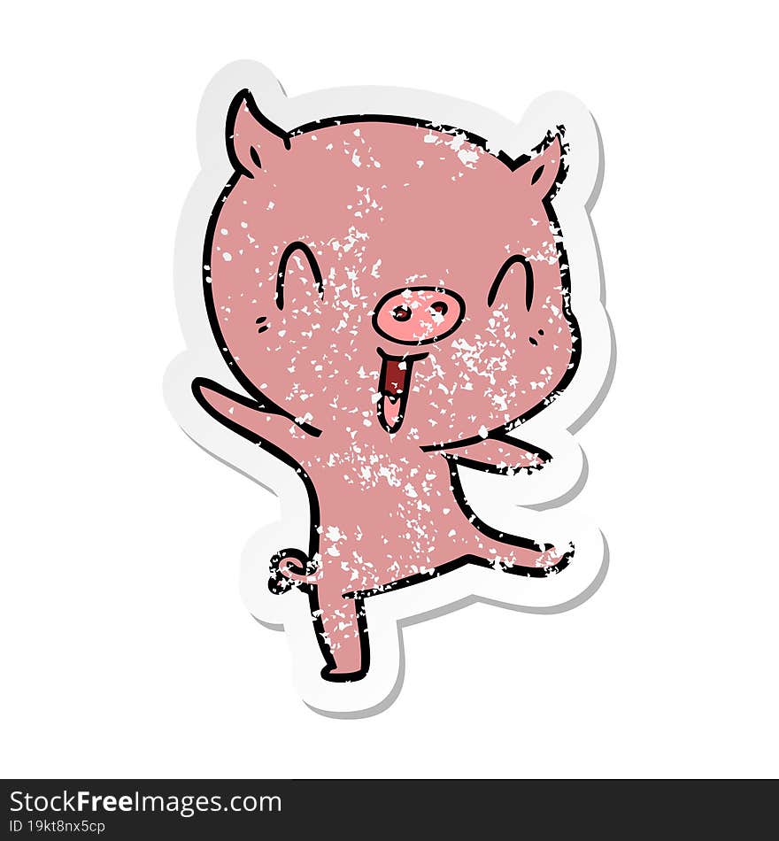 distressed sticker of a cartoon pig dancing