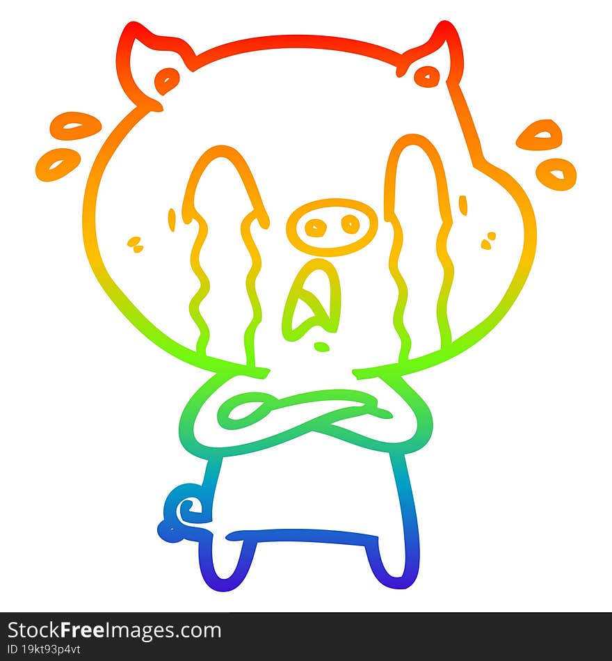 rainbow gradient line drawing of a crying pig cartoon