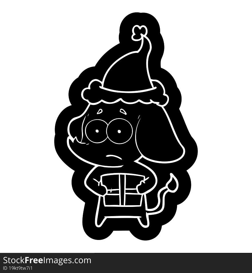 cartoon icon of a unsure elephant with christmas present wearing santa hat