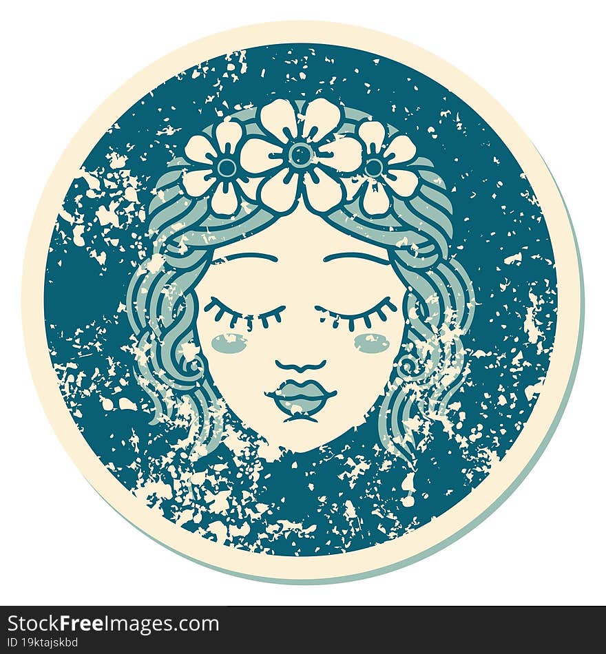 distressed sticker tattoo style icon of female face with eyes closed