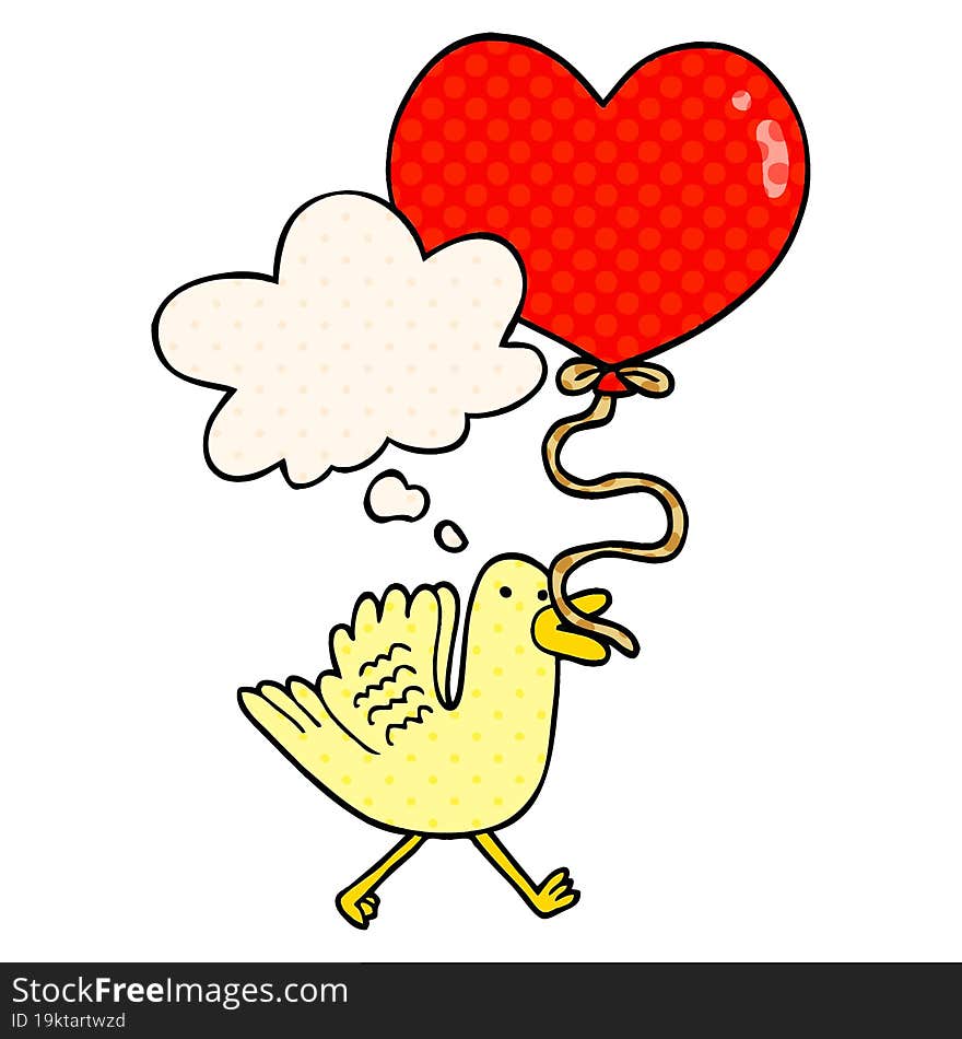 cartoon bird with heart balloon and thought bubble in comic book style