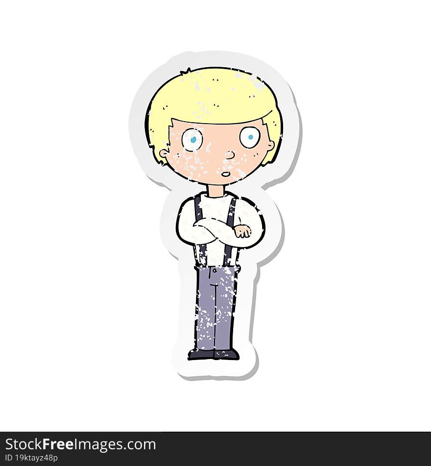 retro distressed sticker of a cartoon staring boy with folded arms