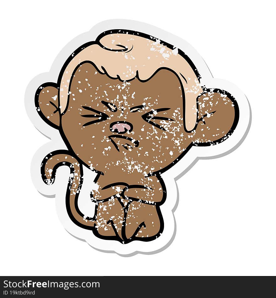 distressed sticker of a cartoon annoyed monkey