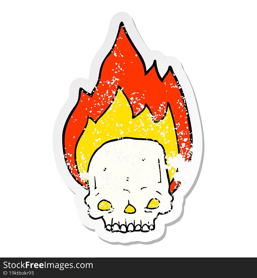 distressed sticker of a spooky cartoon flaming skull