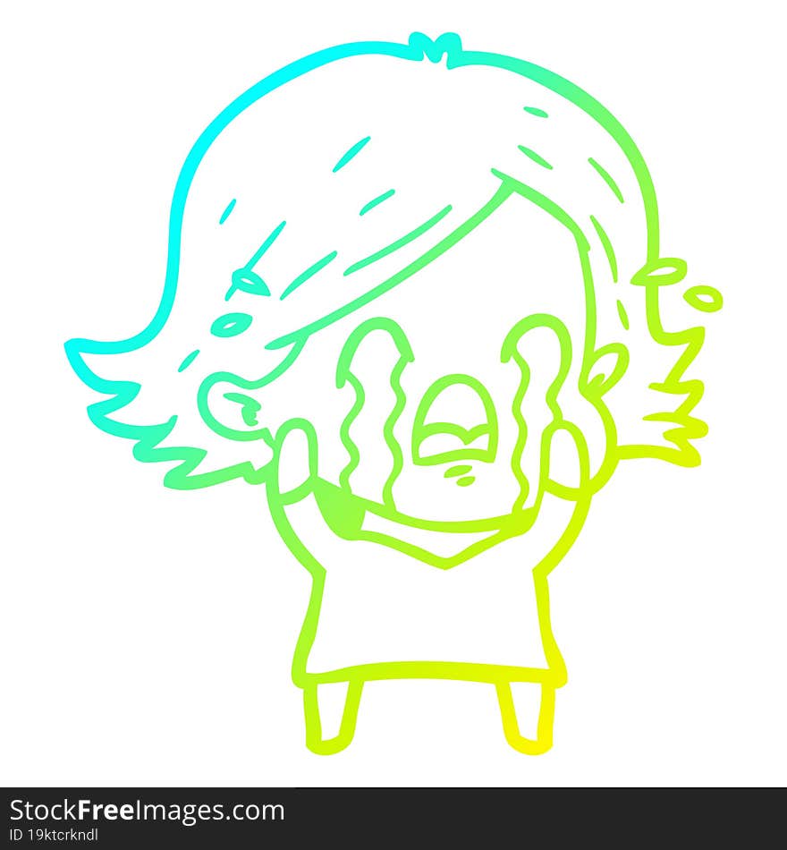 cold gradient line drawing of a cartoon woman crying