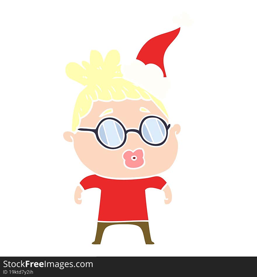 Flat Color Illustration Of A Woman Wearing Spectacles Wearing Santa Hat