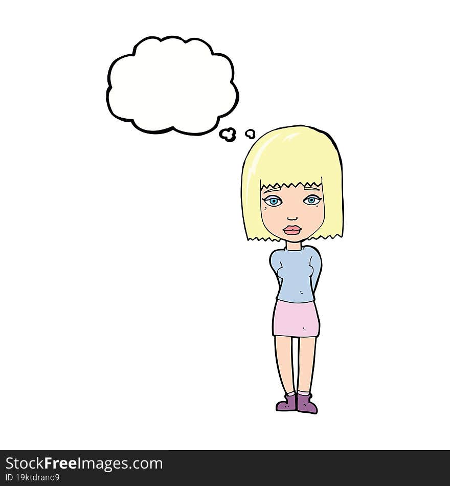 cartoon serious girl with thought bubble