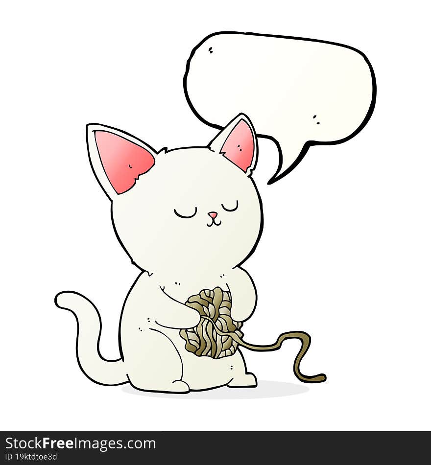 cartoon cat playing with ball of yarn with speech bubble