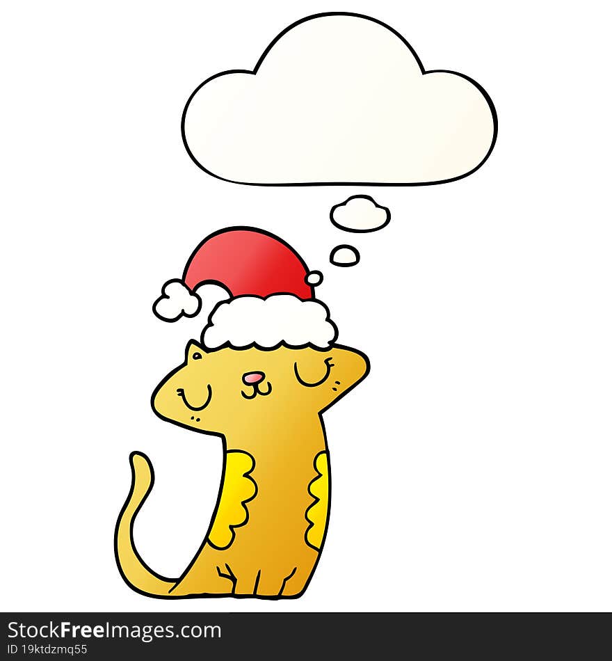 cute cartoon cat wearing christmas hat with thought bubble in smooth gradient style