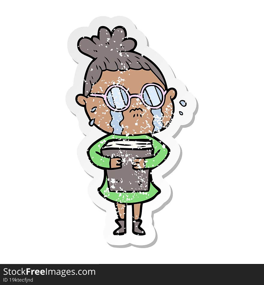 Distressed Sticker Of A Cartoon Crying Woman Wearing Spectacles