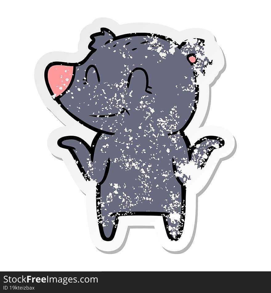 Distressed Sticker Of A Smiling Bear Shrugging Shoulders