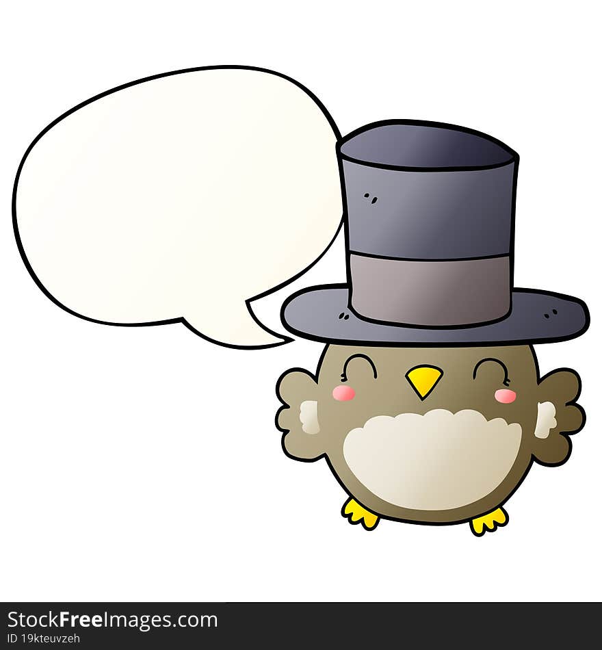 cartoon owl wearing top hat with speech bubble in smooth gradient style