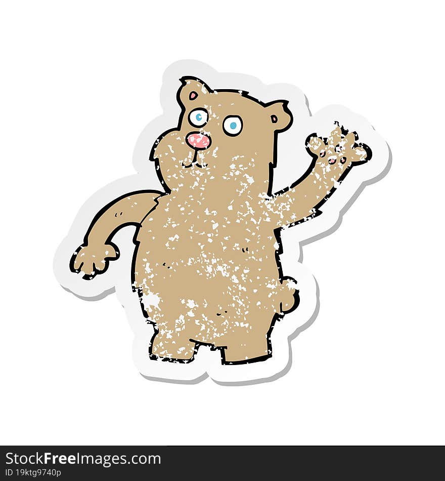 Retro Distressed Sticker Of A Cartoon Waving Bear