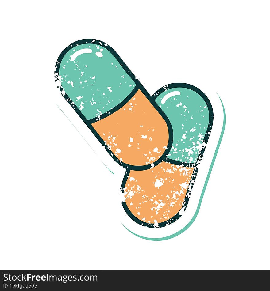 distressed sticker tattoo style icon of a pills