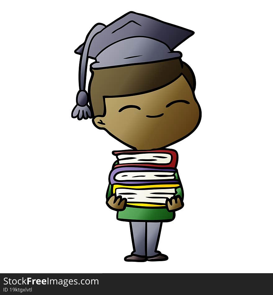 cartoon smiling boy with stack of books. cartoon smiling boy with stack of books