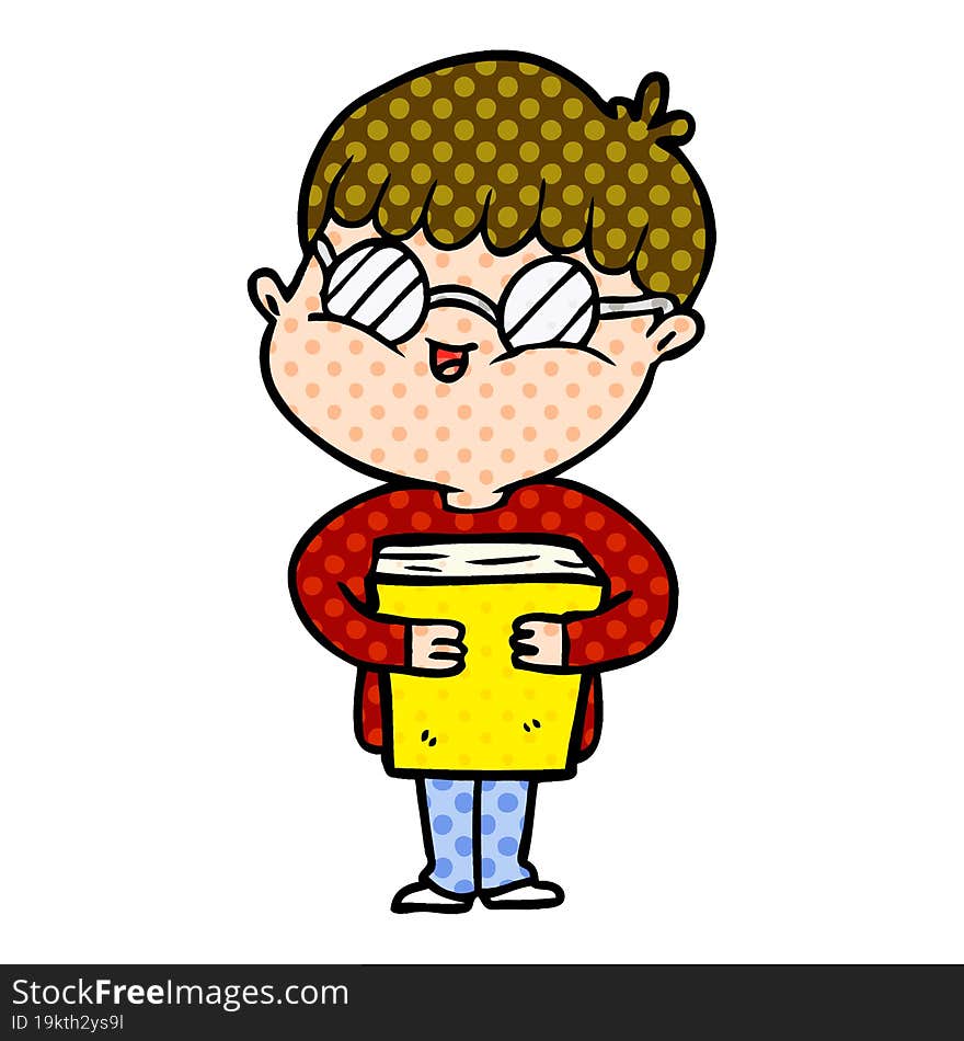 cartoon boy wearing spectacles carrying book. cartoon boy wearing spectacles carrying book