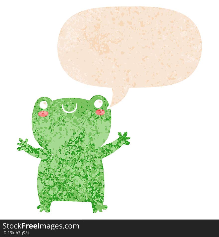 cute cartoon frog and speech bubble in retro textured style