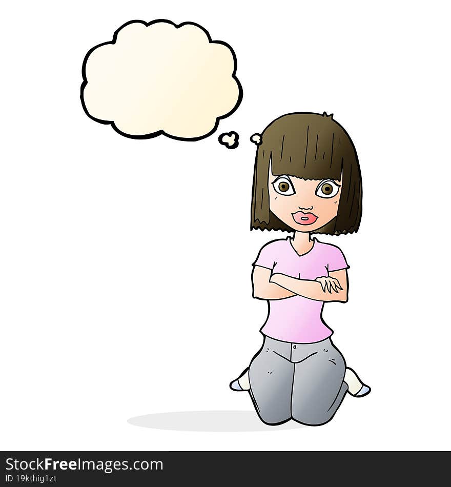 Cartoon Woman Kneeling With Thought Bubble