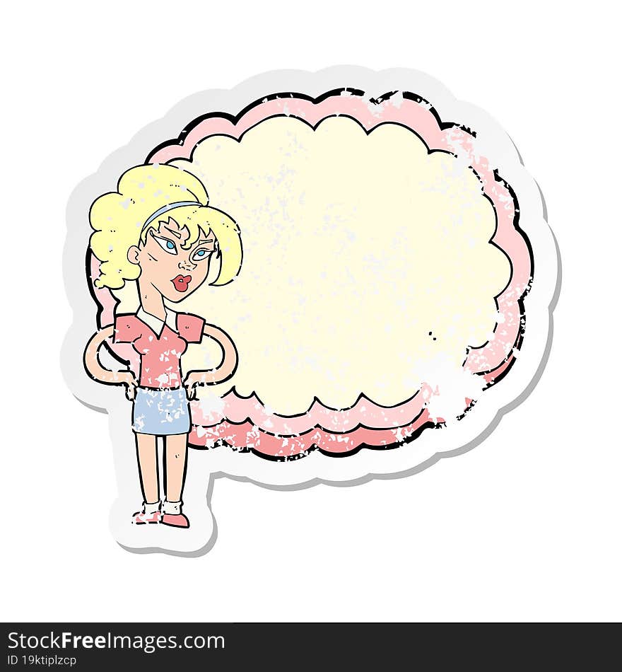 retro distressed sticker of a cartoon woman in front of cloud