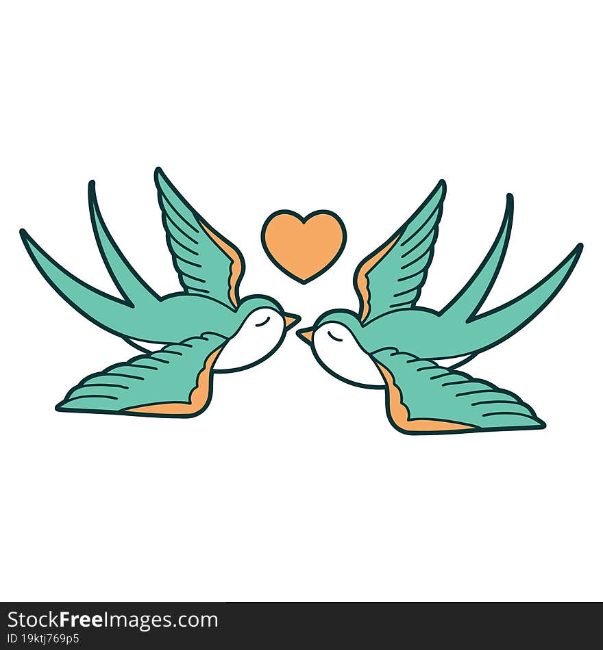 iconic tattoo style image of swallows and a heart. iconic tattoo style image of swallows and a heart