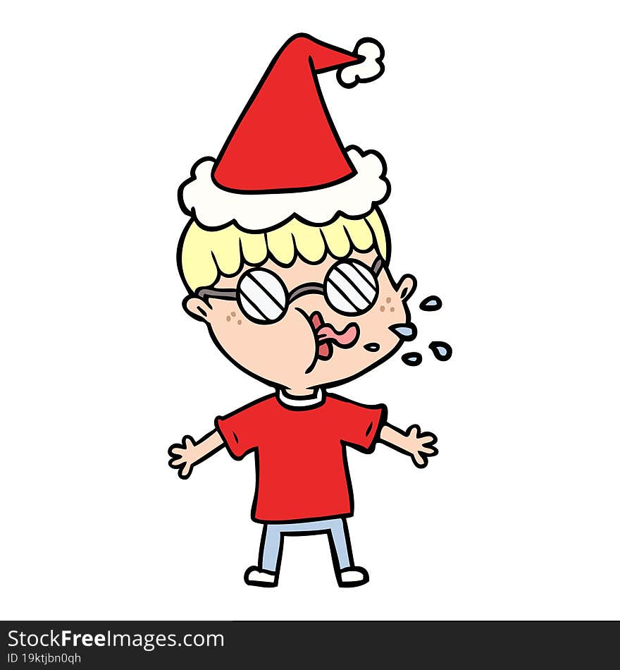 hand drawn line drawing of a boy wearing spectacles wearing santa hat