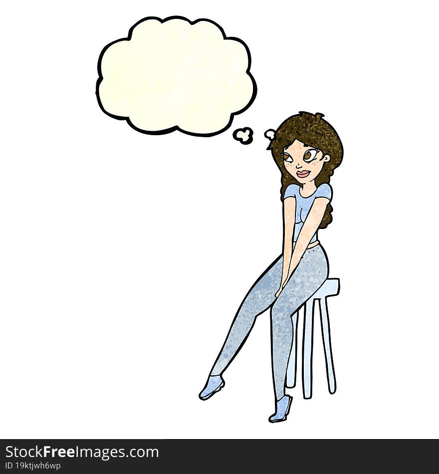 cartoon pretty girl on stool with thought bubble