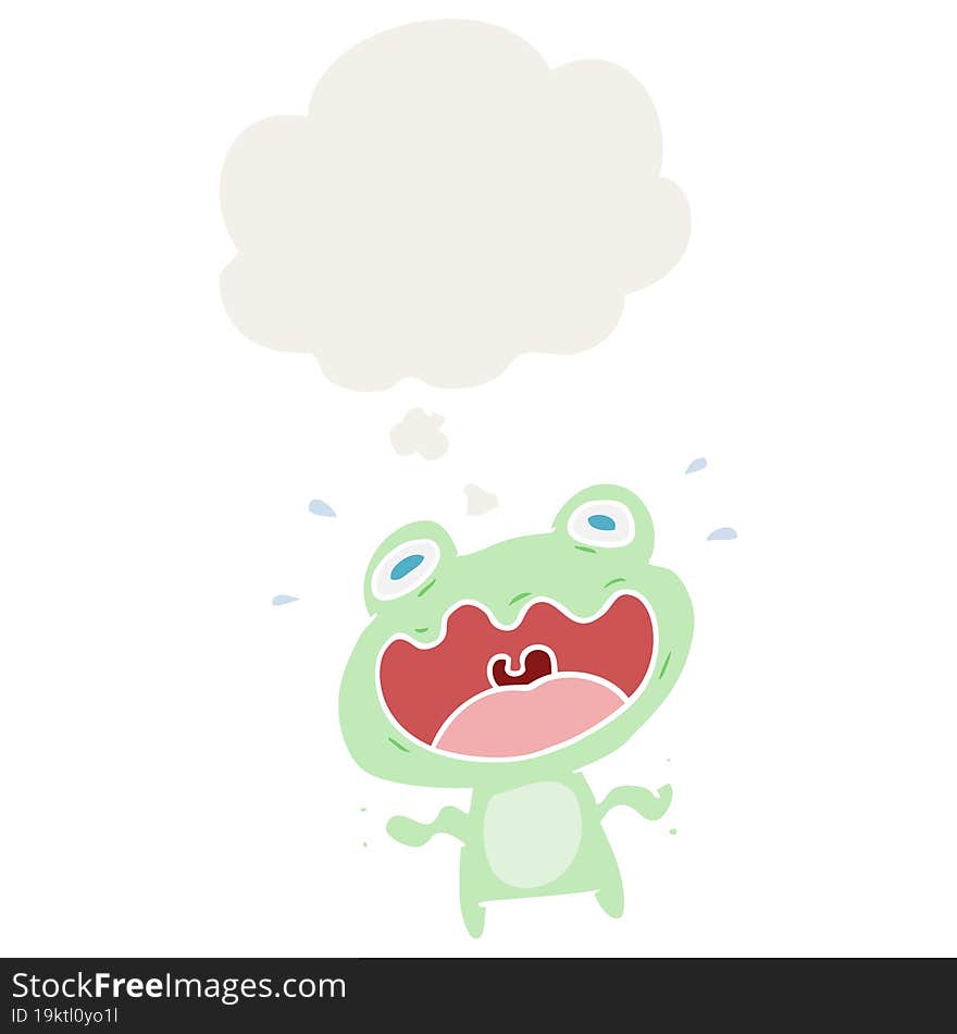 cartoon frog frightened with thought bubble in retro style