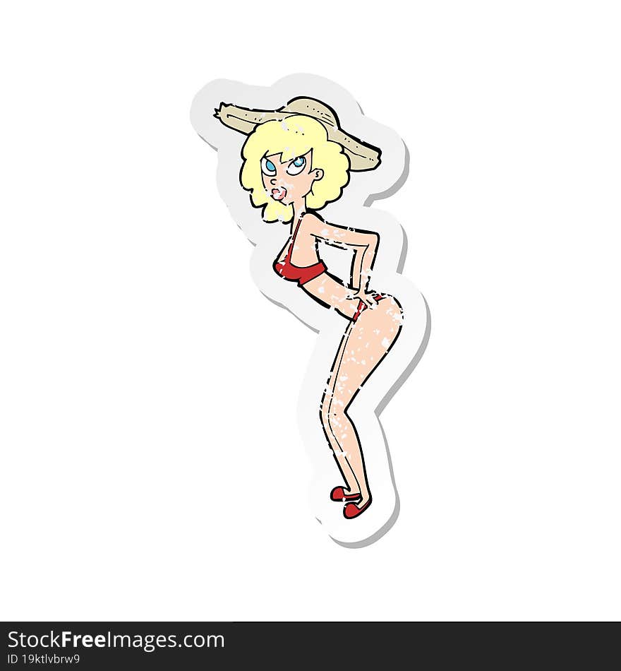 retro distressed sticker of a cartoon pin-up beach girl